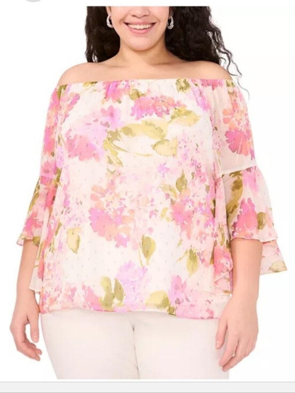 NWT MSK Petite Floral Chiffon Blouse Pink White Flutter Sleeve Top LP Office